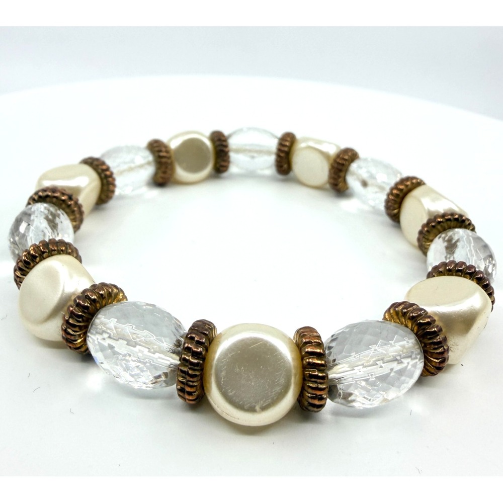 Vintage Faux Pearl Lucite Bead Stretch Bracelet Boho Stackable Clear Cream 7in